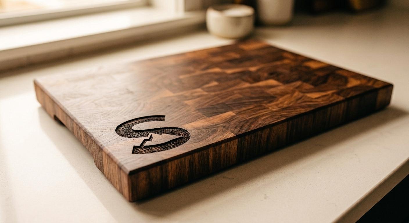 End-grain walnut cutting board with a checkerboard grain pattern and an engraved S-mountain mark on a bright windowsill