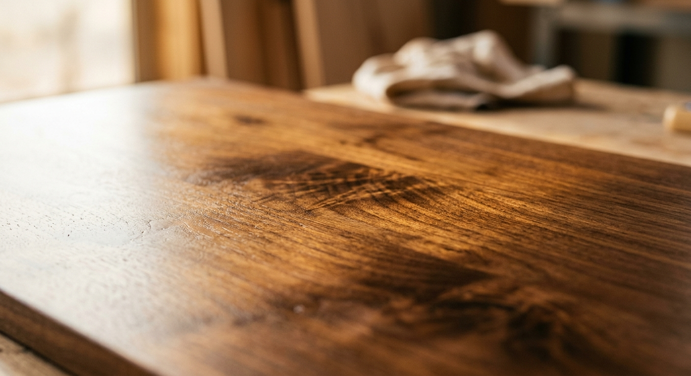 Macro of a hand-rubbed oil finish catching warm light across a walnut surface, deep grain glowing beneath