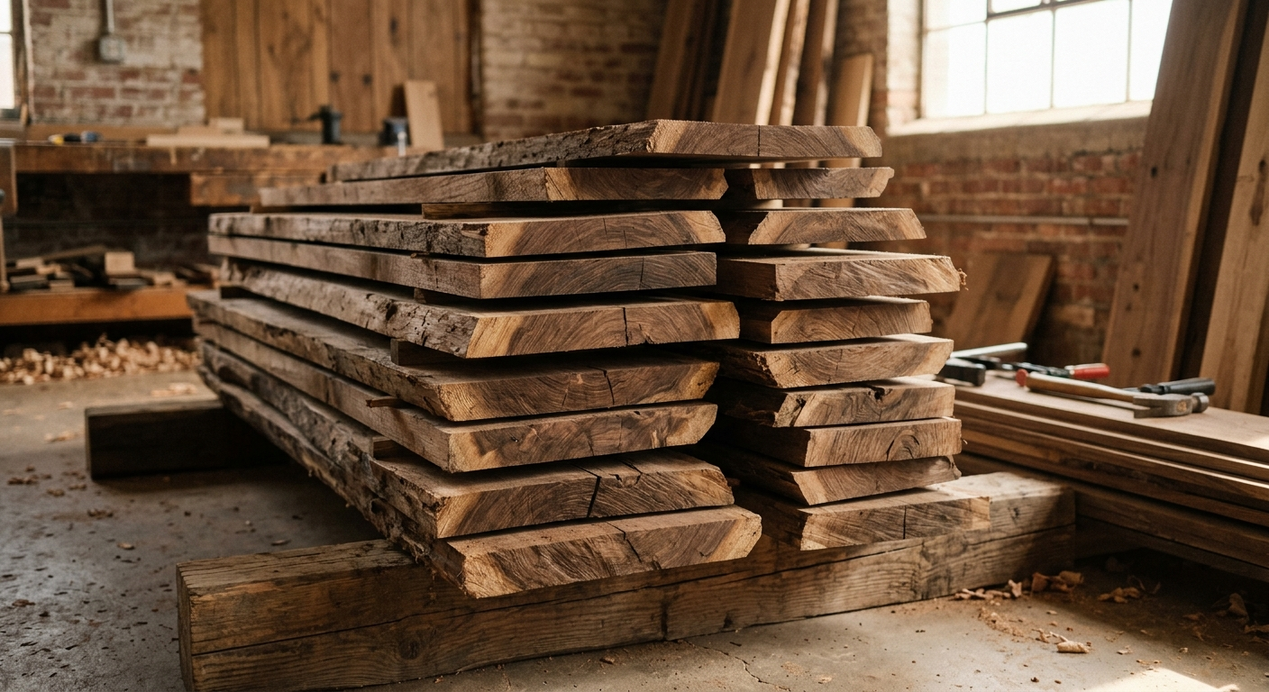 Stacked raw walnut planks with warm directional light raking across freshly cut edges