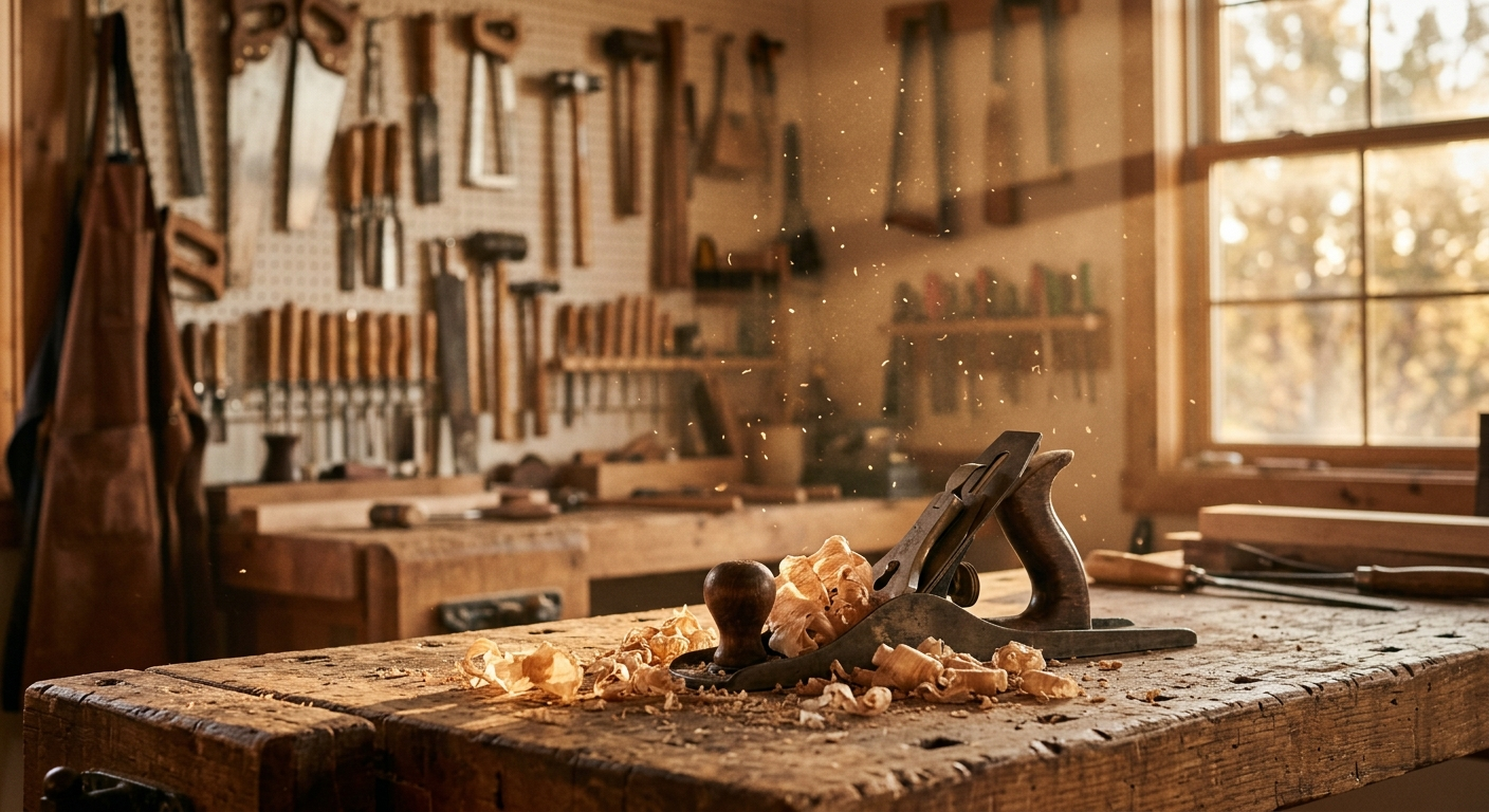 Warm workshop interior at golden hour with sawdust drifting in a low sunbeam and a hand-plane resting on a worn bench